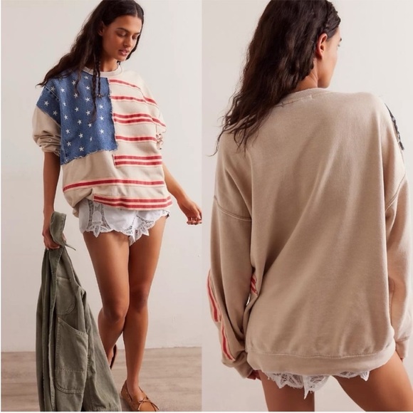 Free People Tops - NWT Free People X Tricia Fix Stripes And Stars Pullover Size Large Tan Blue Red